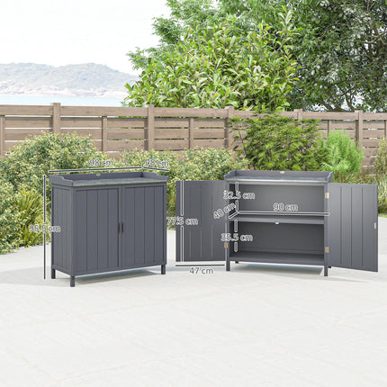 Wooden Garden Storage Shed with Galvanised Metal Table Top 98x48x95.5cm - Grey