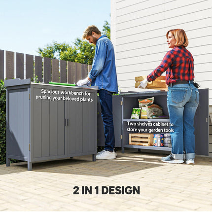 Wooden Garden Storage Shed with Galvanised Metal Table Top 98x48x95.5cm - Grey