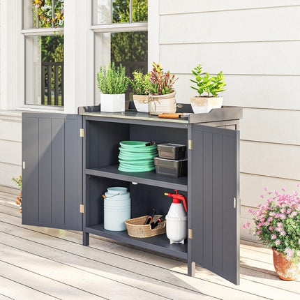 Wooden Garden Storage Shed with Galvanised Metal Table Top 98x48x95.5cm - Grey