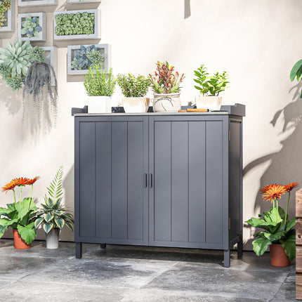 Wooden Garden Storage Shed with Galvanised Metal Table Top 98x48x95.5cm - Grey