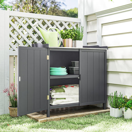 Wooden Garden Storage Shed with Galvanised Metal Table Top 98x48x95.5cm - Grey
