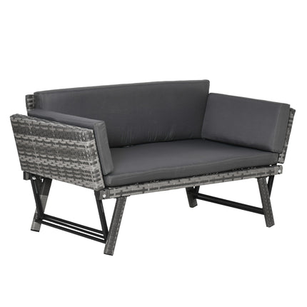 2 Seater Folding Rattan Daybed Sofa Bench with Cushion - Grey