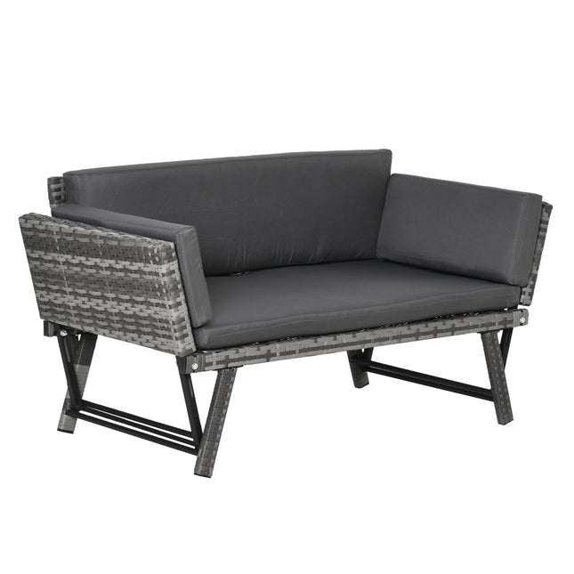 2 Seater Folding Rattan Daybed Sofa Bench with Cushion - Grey