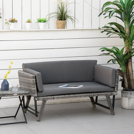 2 Seater Folding Rattan Daybed Sofa Bench with Cushion - Grey
