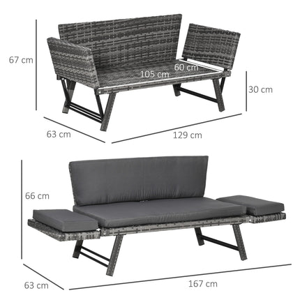 2 Seater Folding Rattan Daybed Sofa Bench with Cushion - Grey