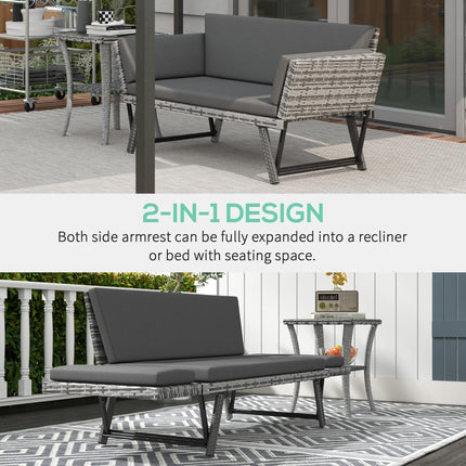 2 Seater Folding Rattan Daybed Sofa Bench with Cushion - Grey