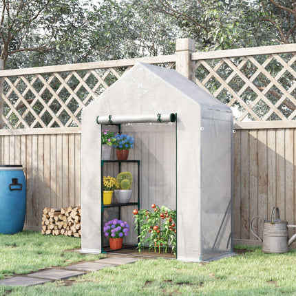 Portable 2 Tier Steel Frame Greenhouse with PE Cover and Roll-Up Door - Green