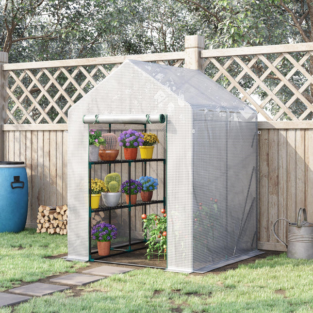 Walk-In Portable Greenhouse with 2 Tier Shelves and PE Cover - Green