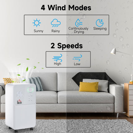 12L/Day Portable Quiet Electric Dehumidifier with 4 Modes 2000ML for Home Laundry Bedroom Basement - White