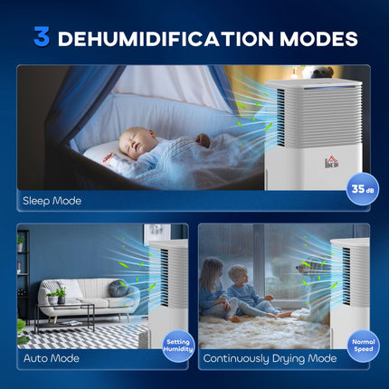 10L/Day Portable Quiet Electric Dehumidifier with 3 Modes for Home Laundry Bedroom Basement - White