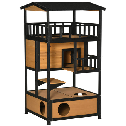 Wooden 3-Tier Cat House Winter Shelter with Tilted Roof and Elevated Base - Yellow