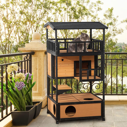 Wooden 3-Tier Cat House Winter Shelter with Tilted Roof and Elevated Base - Yellow