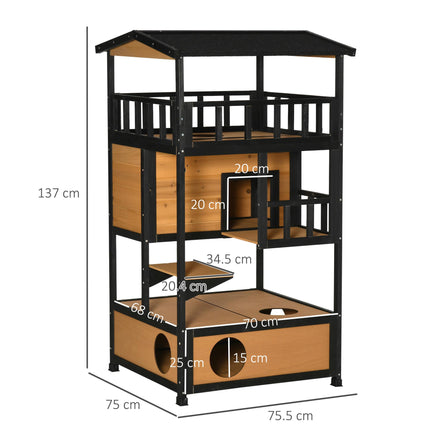 Wooden 3-Tier Cat House Winter Shelter with Tilted Roof and Elevated Base - Yellow