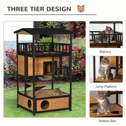Wooden 3-Tier Cat House Winter Shelter with Tilted Roof and Elevated Base - Yellow