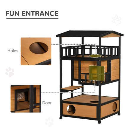 Wooden 3-Tier Cat House Winter Shelter with Tilted Roof and Elevated Base - Yellow