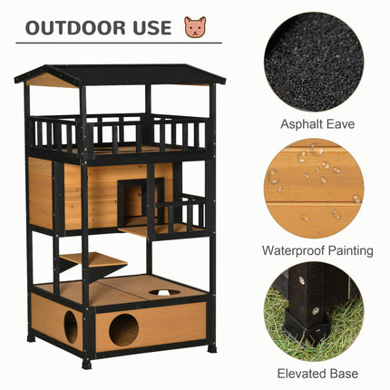 Wooden 3-Tier Cat House Winter Shelter with Tilted Roof and Elevated Base - Yellow