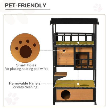 Wooden 3-Tier Cat House Winter Shelter with Tilted Roof and Elevated Base - Yellow