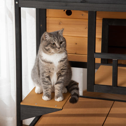Wooden 3-Tier Cat House Winter Shelter with Tilted Roof and Elevated Base - Yellow