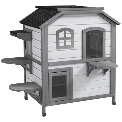 2-Story Indoor Outdoor Cat House with Escape Door and Shelter - White