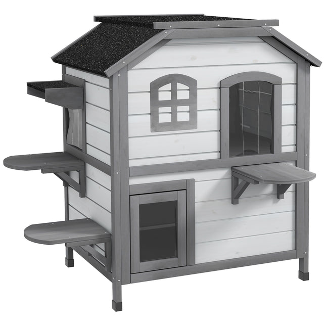 2-Story Indoor Outdoor Cat House with Escape Door and Shelter - White