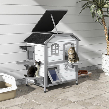 2-Story Indoor Outdoor Cat House with Escape Door and Shelter - White