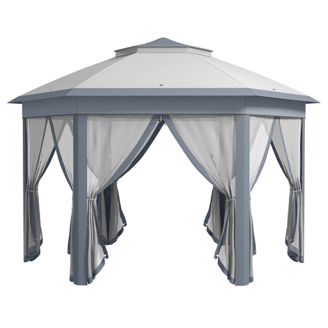 3 x 4m Hexagon Metal Frame Gazebo with Curtains - Grey