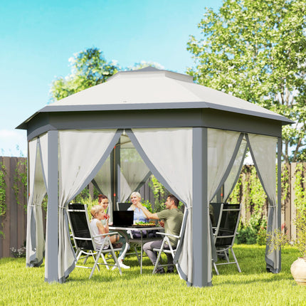 3 x 4m Hexagon Metal Frame Gazebo with Curtains - Grey