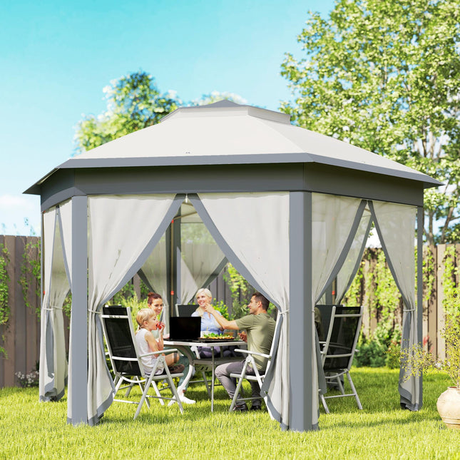 3 x 4m Hexagon Metal Frame Gazebo with Curtains - Grey