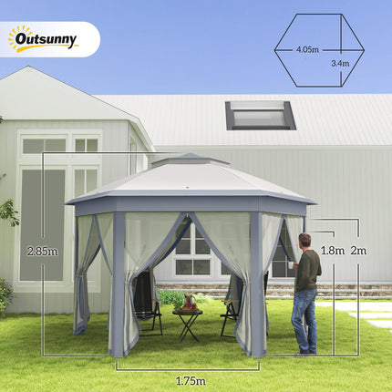 3 x 4m Hexagon Metal Frame Gazebo with Curtains - Grey