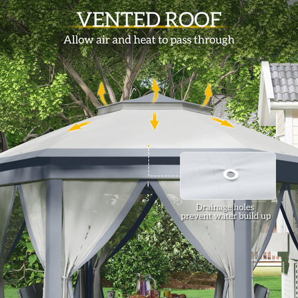 3 x 4m Hexagon Metal Frame Gazebo with Curtains - Grey