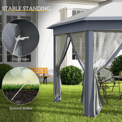 3 x 4m Hexagon Metal Frame Gazebo with Curtains - Grey