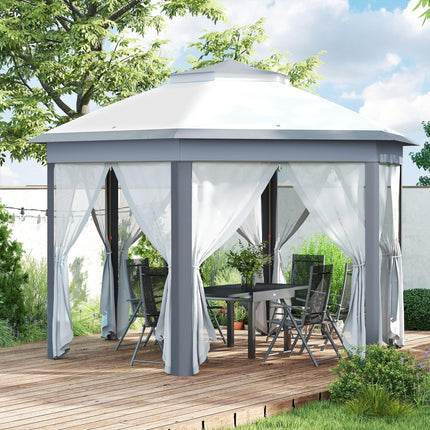 3 x 4m Hexagon Metal Frame Gazebo with Curtains - Grey