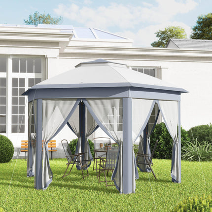 3 x 4m Hexagon Metal Frame Gazebo with Curtains - Grey