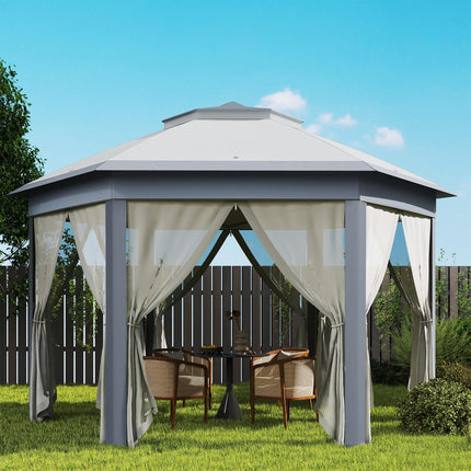 3 x 4m Hexagon Metal Frame Gazebo with Curtains - Grey