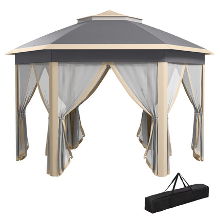 Hexagon 3x4m Pop Up Gazebo with Netting Outdoor Shelter - Khaki
