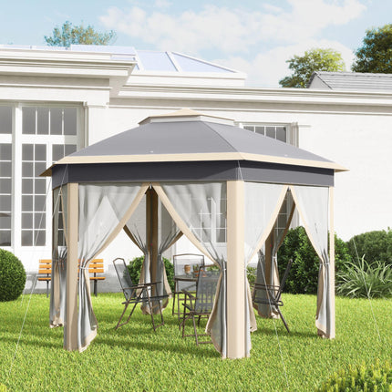 Hexagon 3x4m Pop Up Gazebo with Netting Outdoor Shelter - Khaki