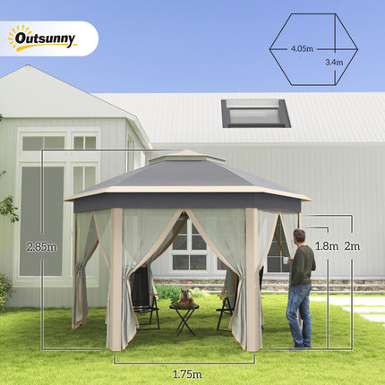 Hexagon 3x4m Pop Up Gazebo with Netting Outdoor Shelter - Khaki
