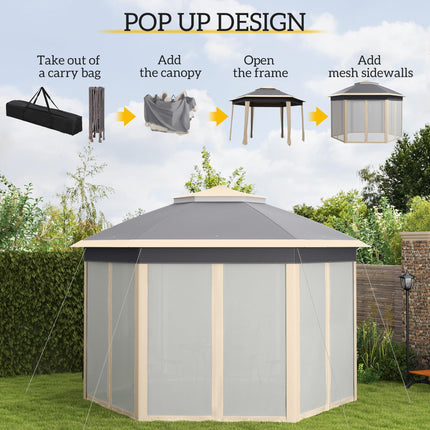 Hexagon 3x4m Pop Up Gazebo with Netting Outdoor Shelter - Khaki