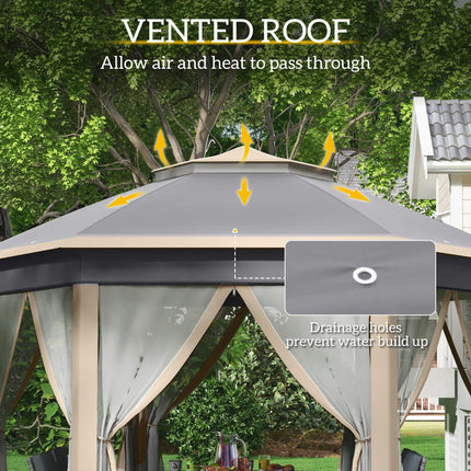Hexagon 3x4m Pop Up Gazebo with Netting Outdoor Shelter - Khaki