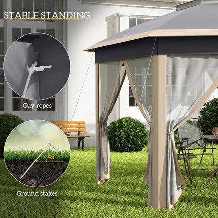 Hexagon 3x4m Pop Up Gazebo with Netting Outdoor Shelter - Khaki