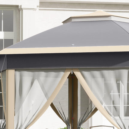 Hexagon 3x4m Pop Up Gazebo with Netting Outdoor Shelter - Khaki