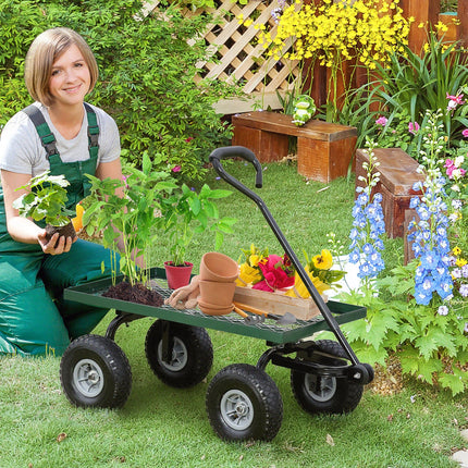 Garden Trolley Cart, Heavy Duty Garden Cart with Metal Frame, 10" Pneumatic Wheels, Rotating Handle, 150kg Capacity, for Garden, Farm, Green