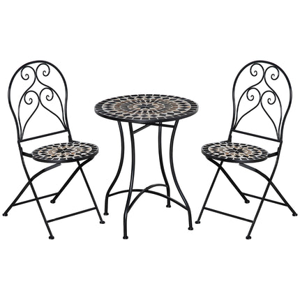 3 Piece Outdoor Mosaic Tile Bistro Set with Metal Frame - Black