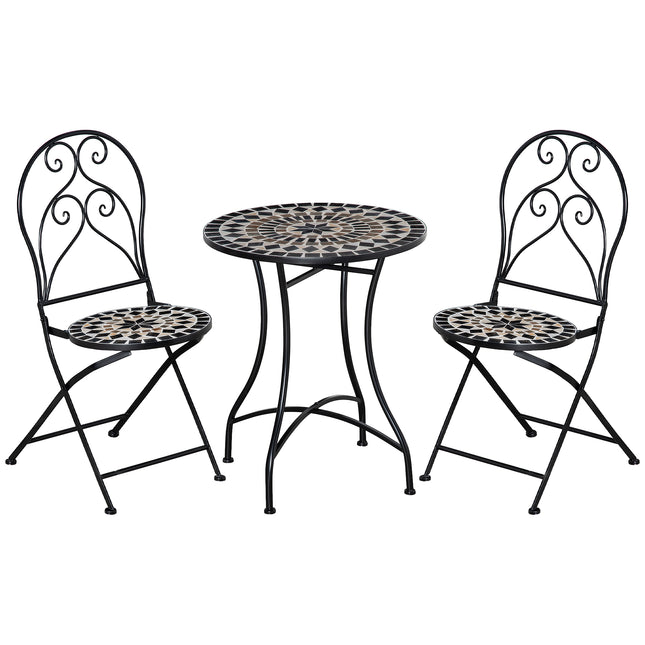 3 Piece Outdoor Mosaic Tile Bistro Set with Metal Frame - Black