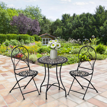3 Piece Outdoor Mosaic Tile Bistro Set with Metal Frame - Black