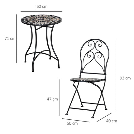 3 Piece Outdoor Mosaic Tile Bistro Set with Metal Frame - Black