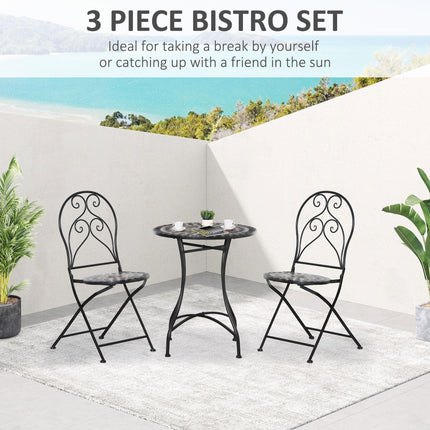 3 Piece Outdoor Mosaic Tile Bistro Set with Metal Frame - Black