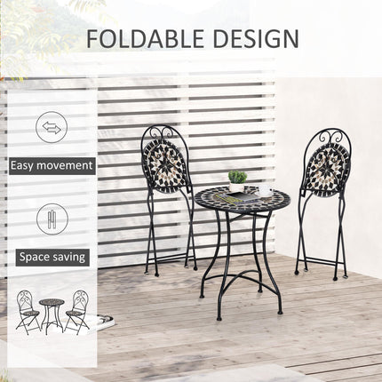 3 Piece Outdoor Mosaic Tile Bistro Set with Metal Frame - Black