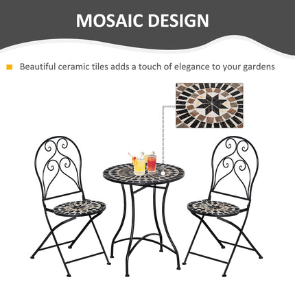 3 Piece Outdoor Mosaic Tile Bistro Set with Metal Frame - Black