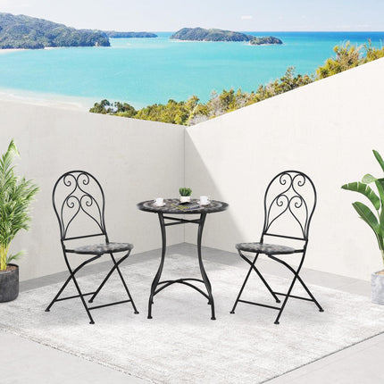 3 Piece Outdoor Mosaic Tile Bistro Set with Metal Frame - Black